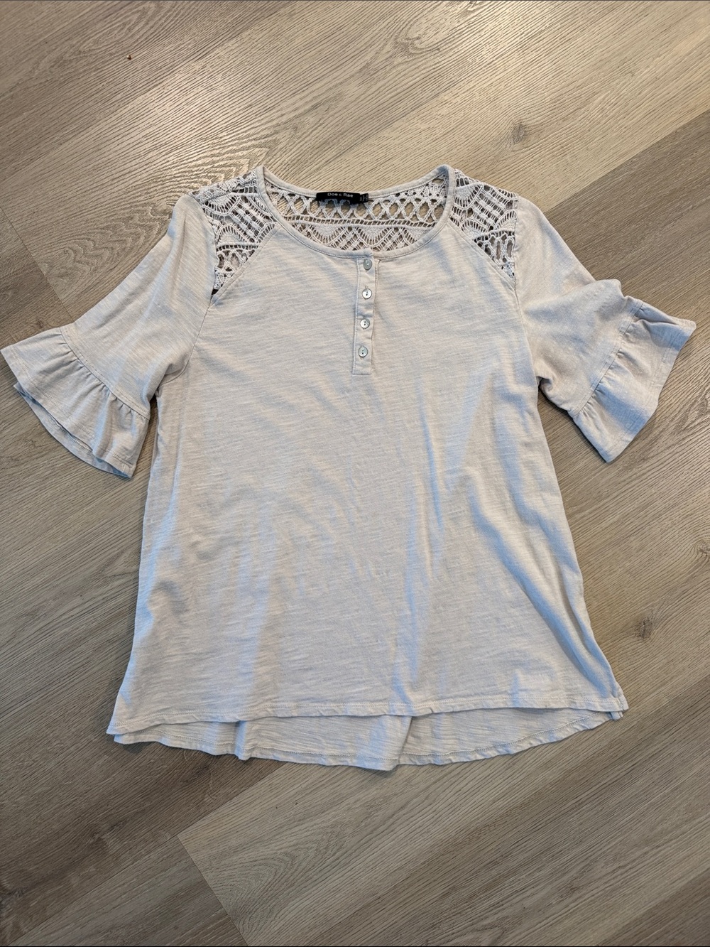 Doe & Rae Light Gray Crochet Yoke Ruffle Sleeve Top